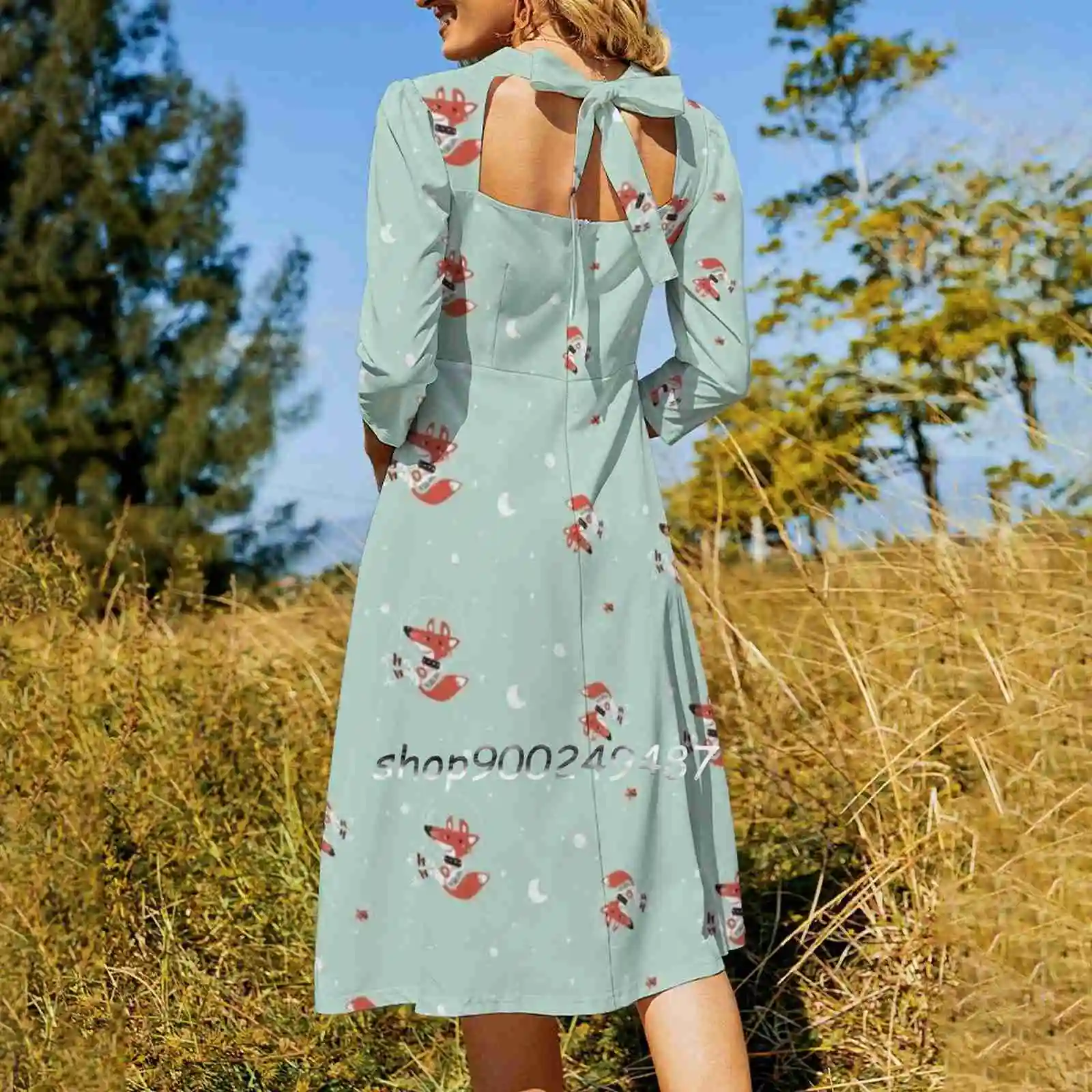 Spacefox Square Neck Dress Cute Loose Print Dresses Elegant Beach Party Dress Fox Animals Bird Space Rocket Star Sky Planets