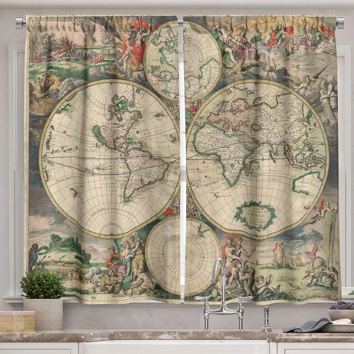Rideaux de cuisine vintage, une ancienne carte vieillie du monde historique inspirée du thème géographie du design rétro, fenêtre