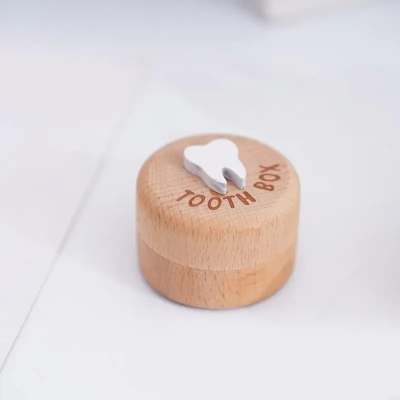 D7YD Portadenti per bambini in legno Scatola portaoggetti commemorativa a forma rotonda per souvenir Custodia salva-denti per