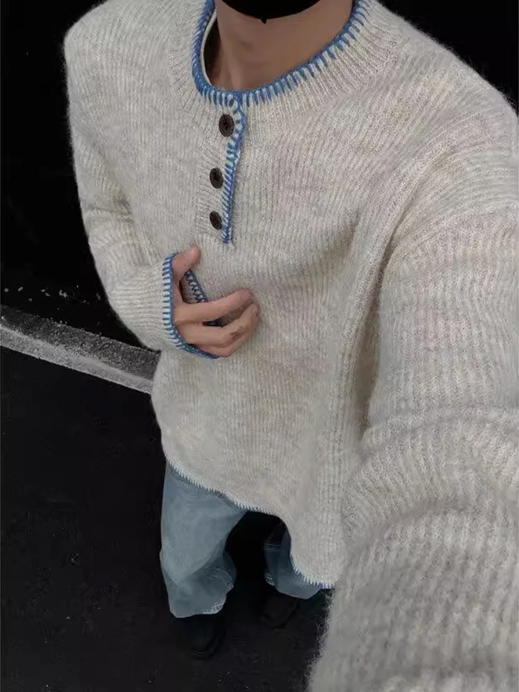 American Retro Men's Knitwear Henry Collar Sweater Autumn Winter Lazy Couple's Inner Wear Casual Loose Fit Polyester Blend