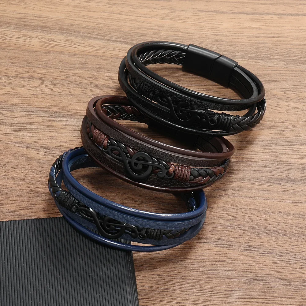 Pulsera Hombre Bracelets For Men New Retro Creative Music Symbol Simple Leather Multi-layer Bracelets Magnetic Buckle Jewelry