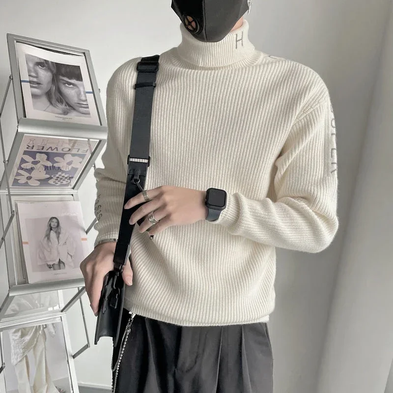 Knitted Sweaters for Men Turtleneck High Collar Black Man Clothes Pullovers Coat Jacket Letter Maletry New in Plus Size Casual S