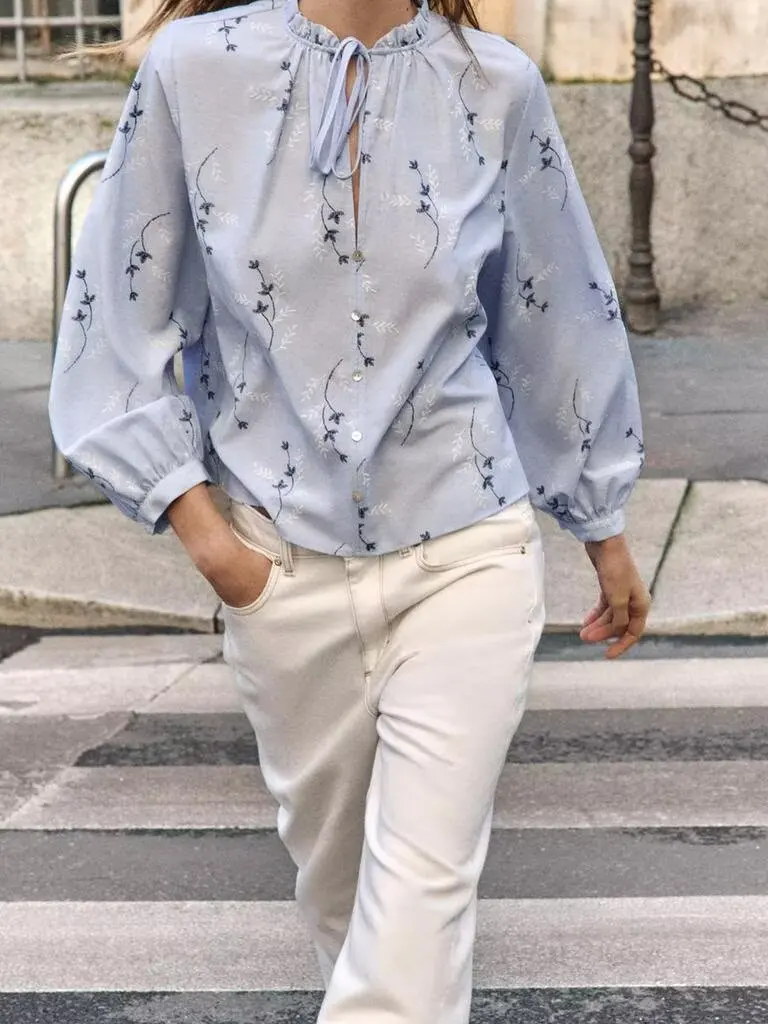 

Spring Summer New Arrival Women's Long Sve round Ne Printed Embroidered Padded irt Breathable Comfortable Loose Fit