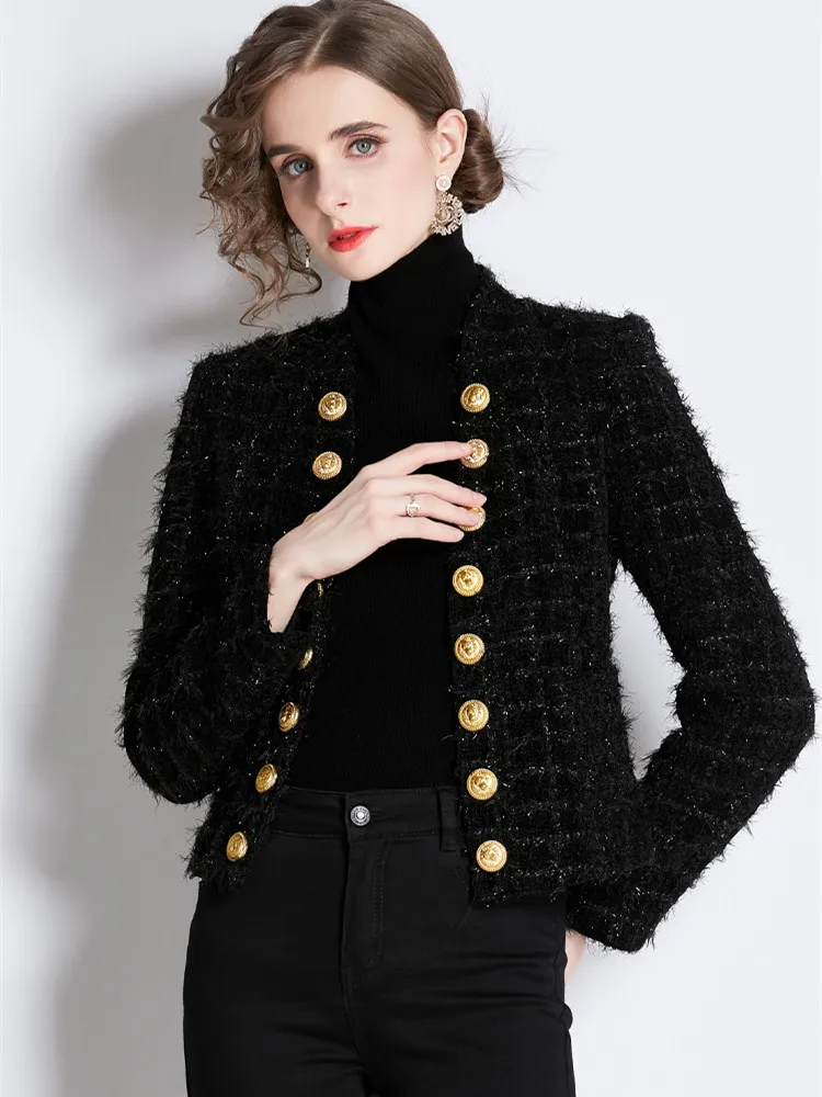 High Quality 2024 New Autumn Winter Two Piece Set Tracksuit Women Gold button quilted jacket