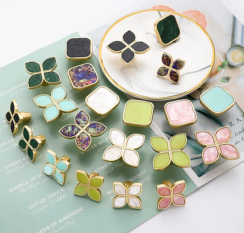 Four-Leaf Clover Cabinet Knobs, Gold Framed Shell Inlay Furniture Handles for Aesthetic Boho & Modern Home Accents