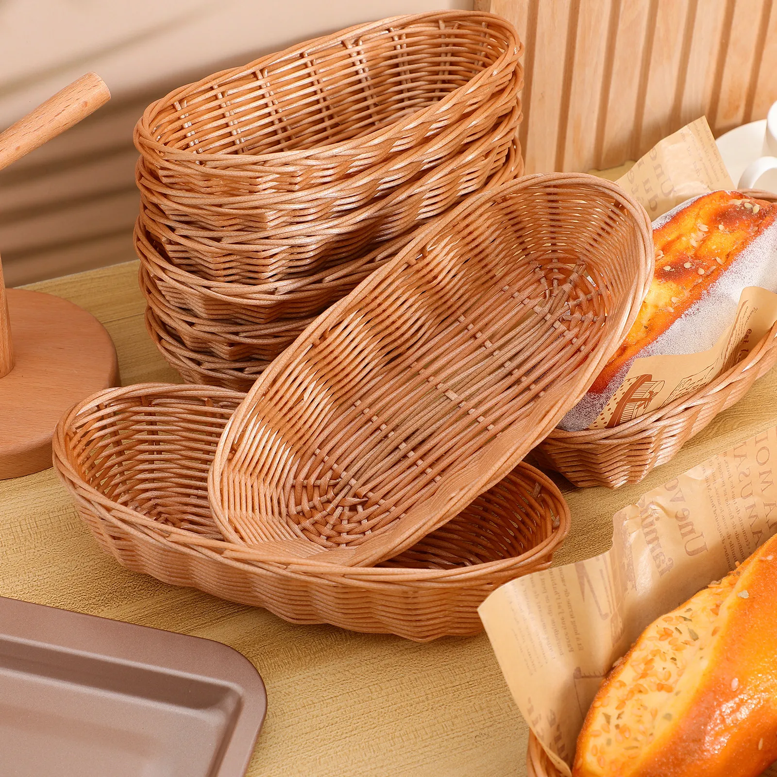 10Pcs Woven Bread Baskets Plastic Rattan Texture Lightweight Breathable Food Serving Basket for Home Restaurant Cafe Fruit