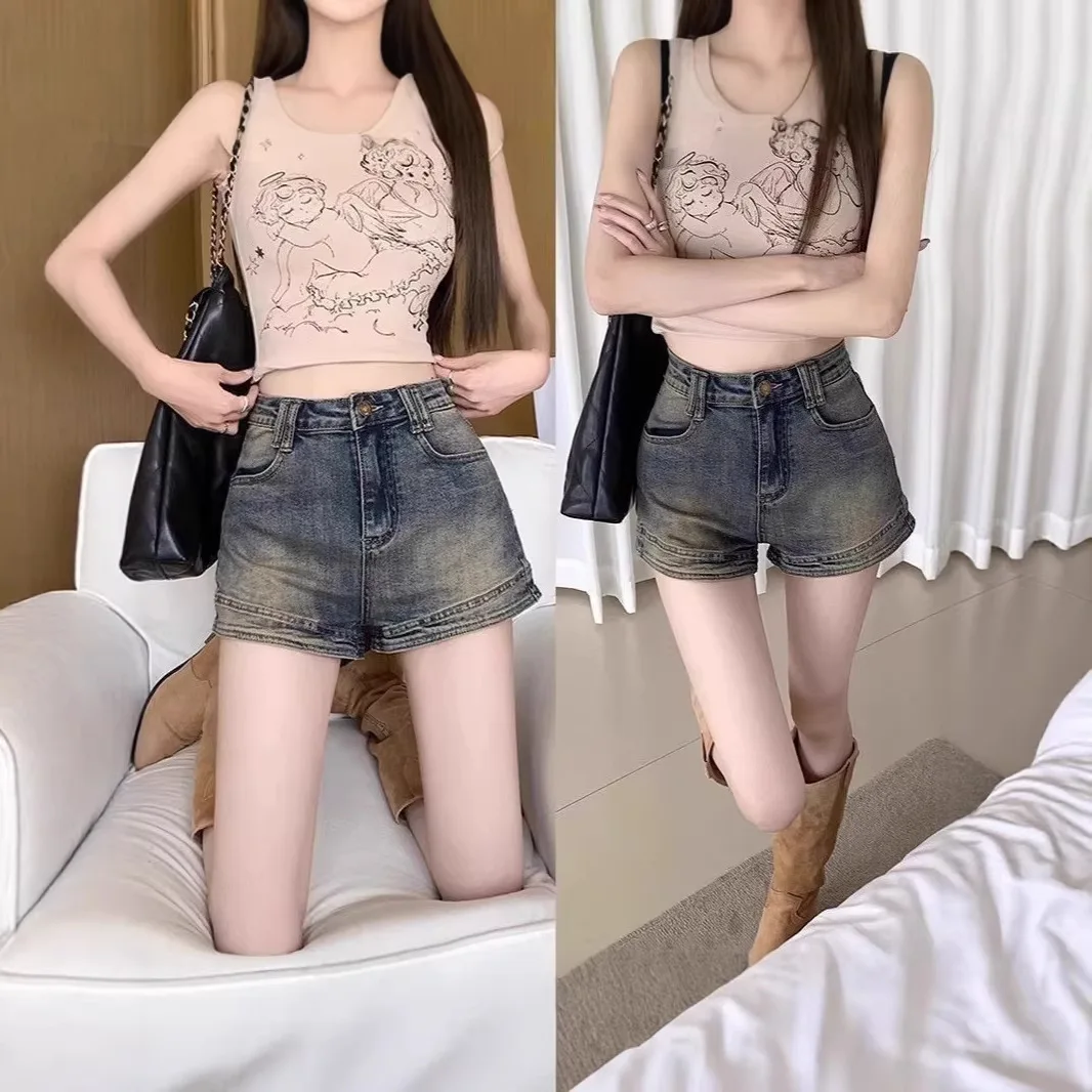

Retro High Waist Slim Fit Blue Denim Shorts Trendy American Style Casual Jeans for Young Women