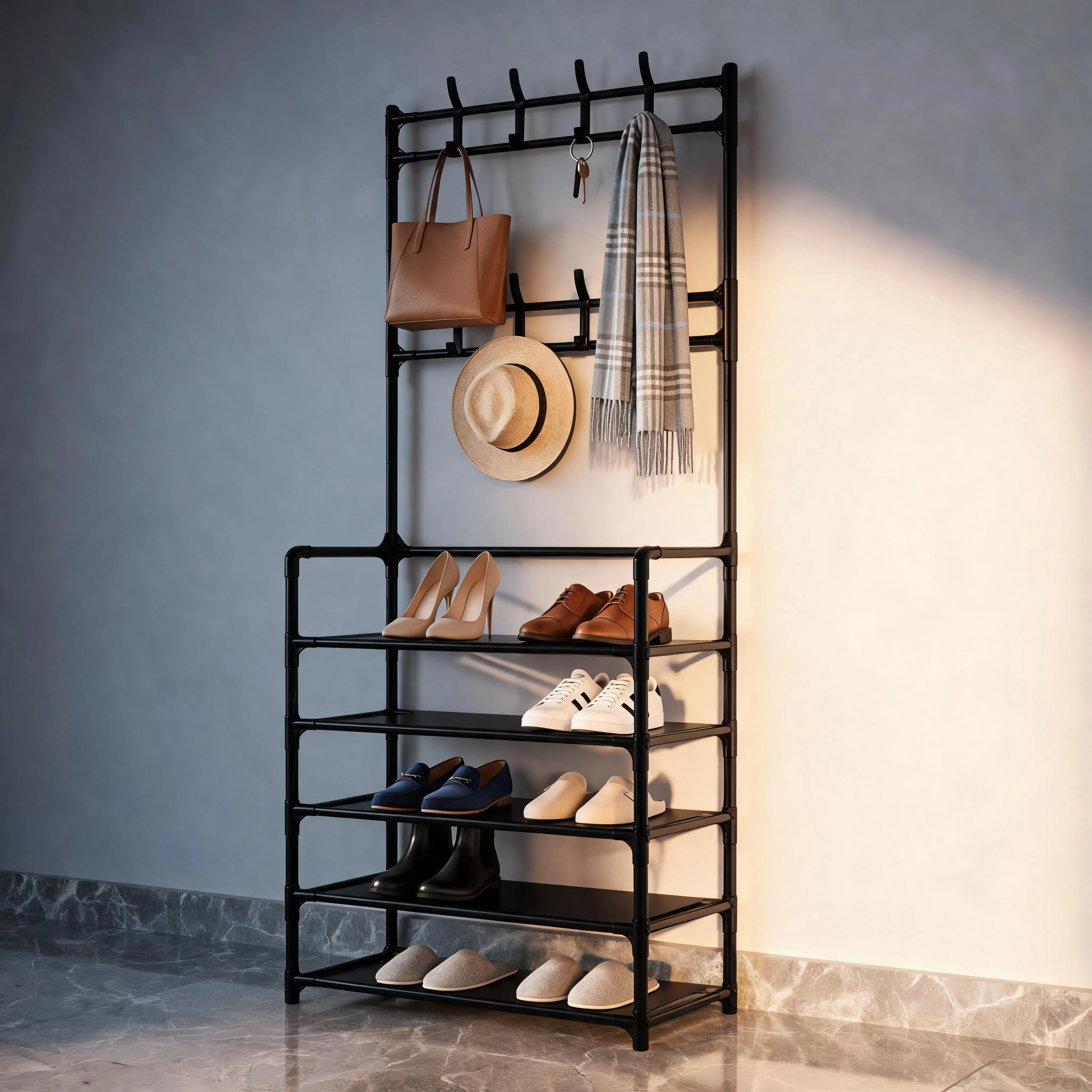 Multifunctional Storage Rack 5-Tier Freestanding Coat & Shoe Rack Entryway Shelf - Heavy-Duty Double Row Shoe Organizer