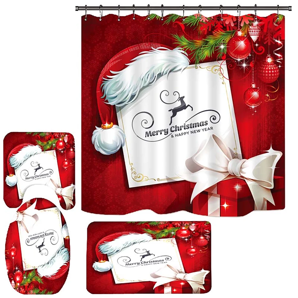 4PCS Bathroom Shower Curtain Set Christmas Snowman Santa Claus Printed Waterproof Shower Curtain Toilet Cover Mat Non Slip Rugs