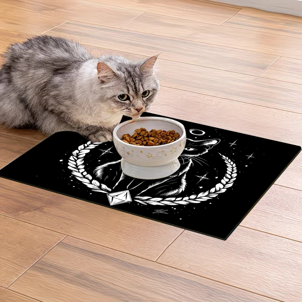 

Нескользящий коврик для кормления домашних животных с изображением черной кошки с венком и звездами, товары для животных, защита от брызг и скольжения, коврики для кошек и собак