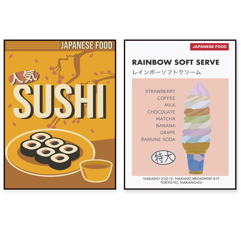 Comida callejera tailandesa, sushi japonés, helado, udon, ramen, takoyaki, nos lemak malayo, cartel de arroz adhesivo de mango tailandés, regalo