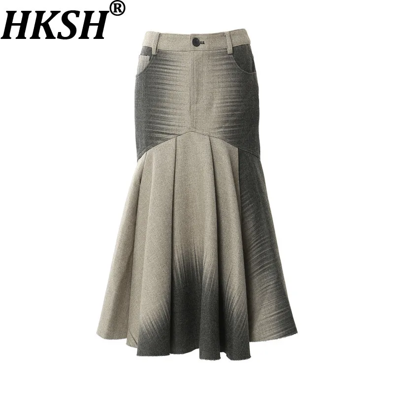 

HKSH Autumn Winter New Women Trendy Skirt Printed Pleated Slim Fit High Street Elegant Temperament Woolen Mermaid Skirts HK10671