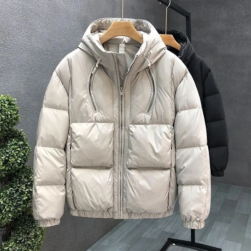 2026 Fashion Solid Color Down Cotton Jacket Men's Winter Short Pockets Hooded Coats Men Loose Cotton-padded Overcoats C955