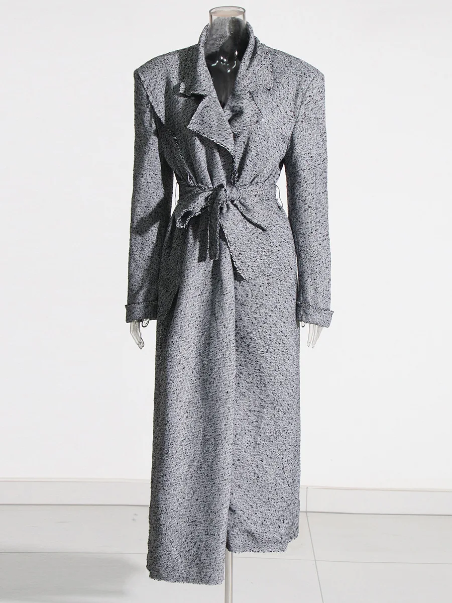 Damen Vintage geschliffene Schnürung langen Trenchcoat 2024 Mode Revers Langarm schlanken Jacken mantel