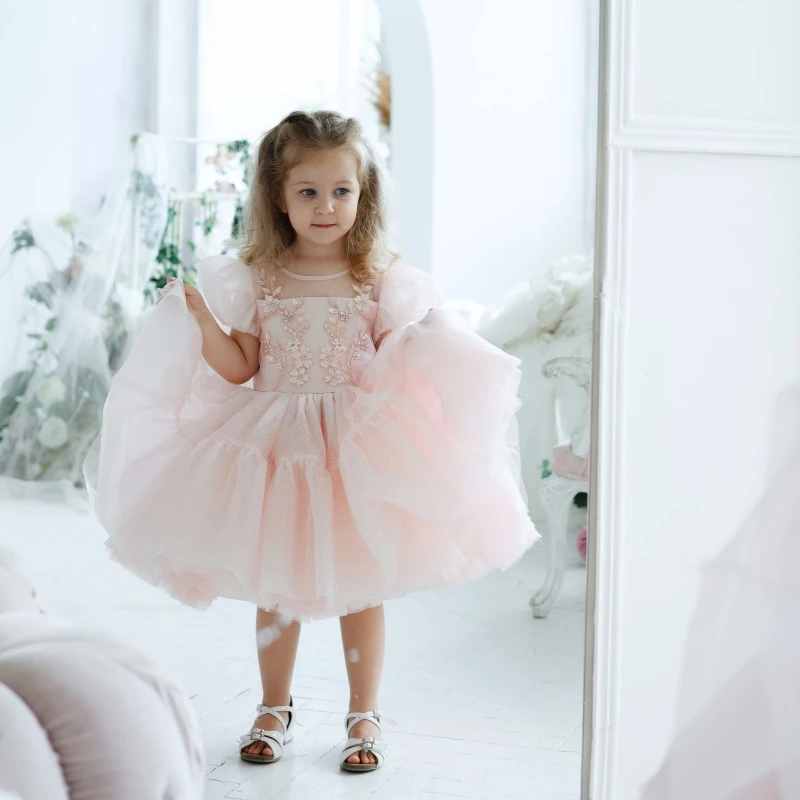 

Flower Girl Dresses Light Pink Tulle Puffy Flory Sequins With Bow Short Sleeve For Wedding Birthday Banquet First Communion Gown