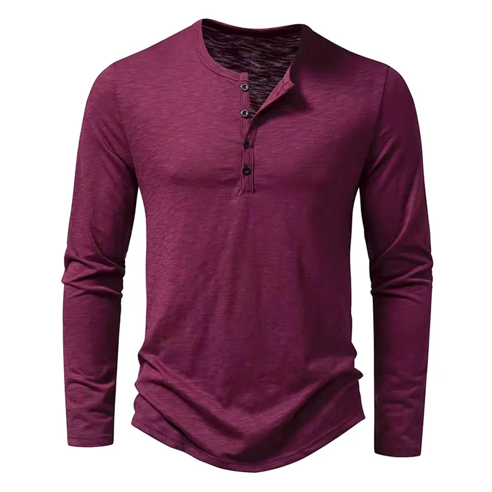Immagine 6: Nuova T-shirt Autunnale da Uomo in Cotone a Maniche Lunghe con Collo Henley, Casual, Tinta Unita, Traspirante, Versatile, alla Moda, Slim Fit