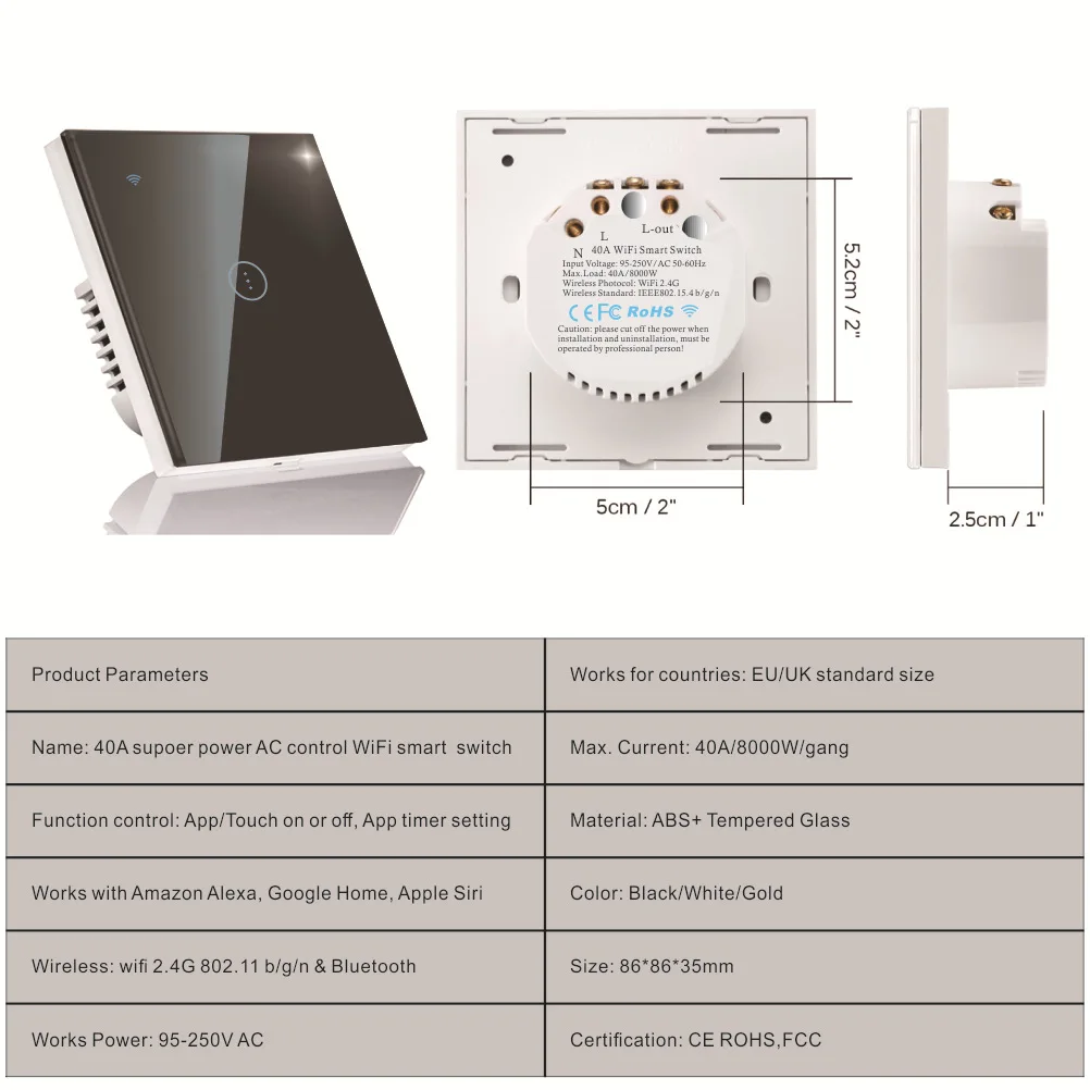 EU UK Tuya Smart Wifi Switch for Home High Power Boiler Water Heater,8000W 40A,Alexa Google Siri Remote Control,Timer Function