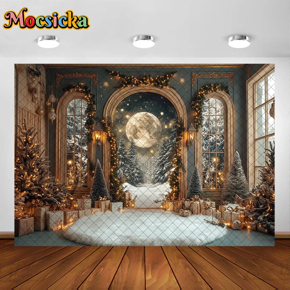 Mocsicka خلفيات للتصوير الفوتوغرافي شجرة عيد الميلاد نافذة القمر ديكورا الأسرة عيد الميلاد عطلة صورة خلفيات الصور للصور