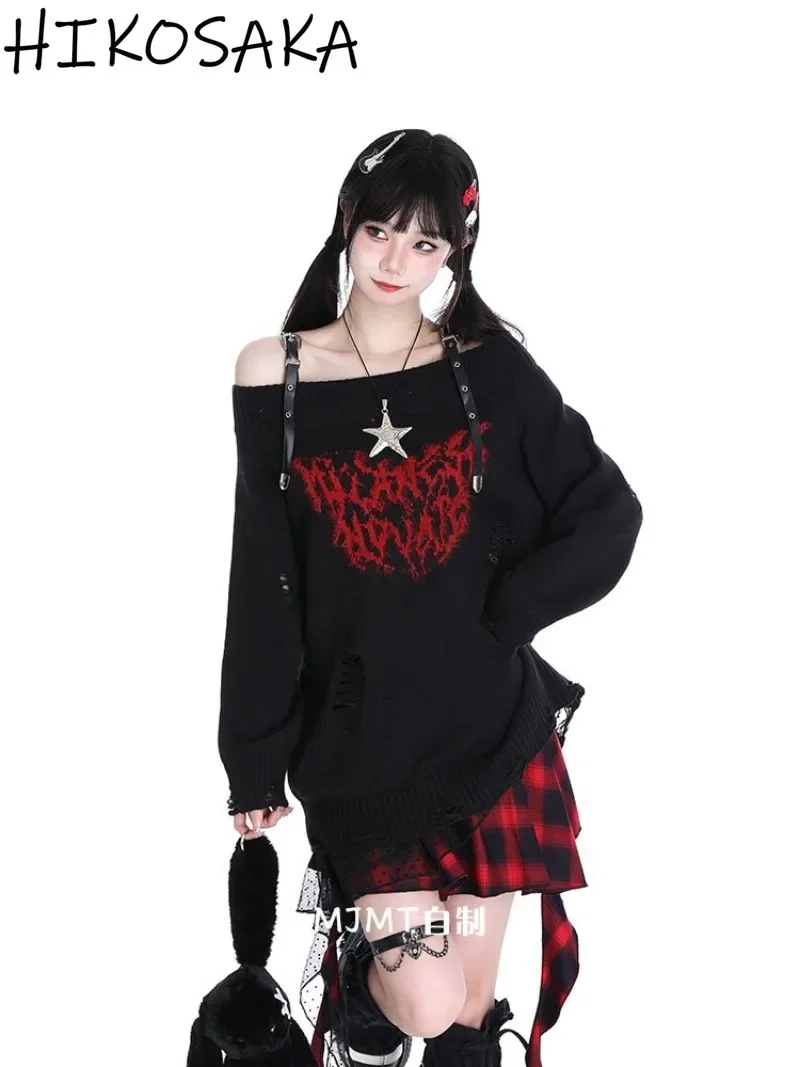 Subculture Cyber Punk Streetwear Vintage Sweaters Sexy Slash Neck Off Shoulder Long Sleeve Pullovers Y2k Aesthetic Gothic Top