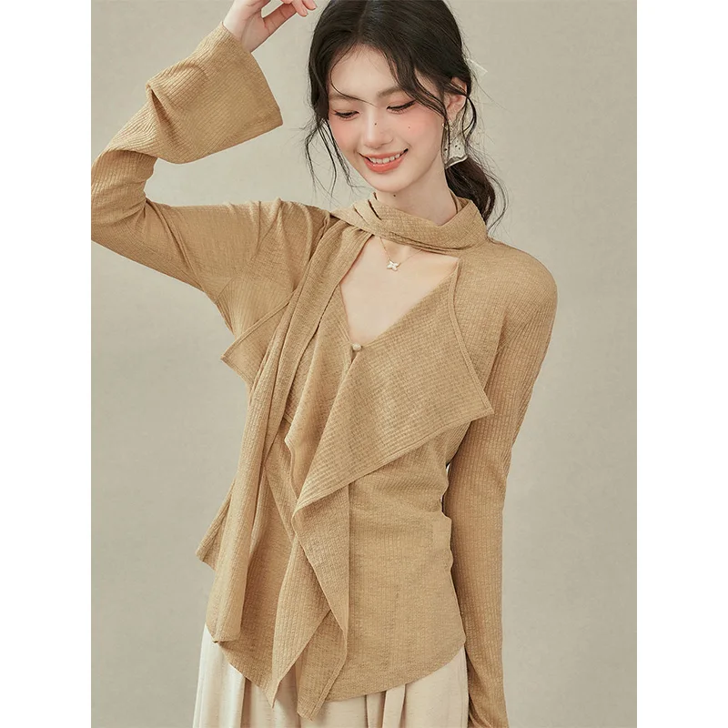 

Women Clothing Spring Autumn Fashion Casual Simplicity Elegant Solid Color V-neck Female All-match Temperament Long Sleeve Tops