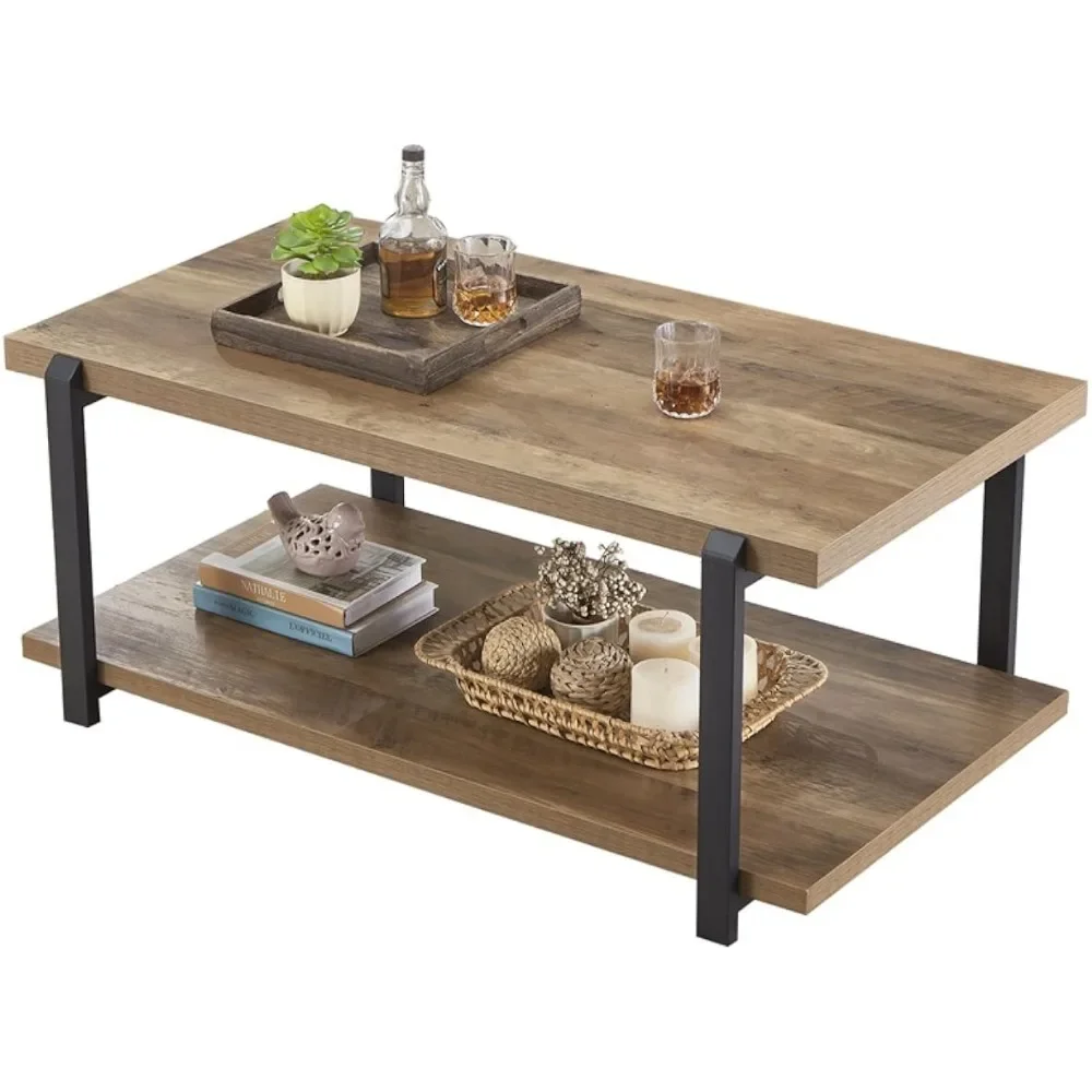 

Industrial Coffee Table with Shelf, Wood and Metal Rustic Cocktail Table for Living Room, Oak