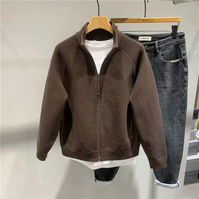 

Модный вязаный свитер на молнии, однотонный, с воротником-стойкой, свободного кроя, для повседневной носки, мужская верхняя одежда, простой дизайн, осень-зима