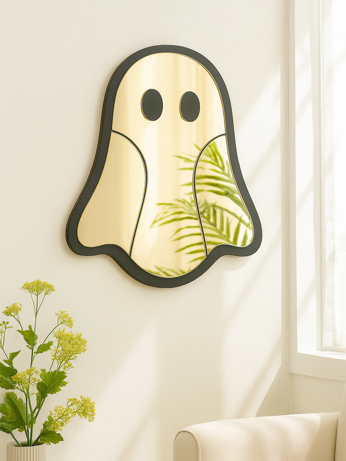 Goldener Acryl-Wandspiegel in Halloween-Geisterform, schwarzer Rahmen, dekorativer Spiegel, niedliches Horror-Thema, Wohnzimmer, Schlafzimmer, Wanddekoration