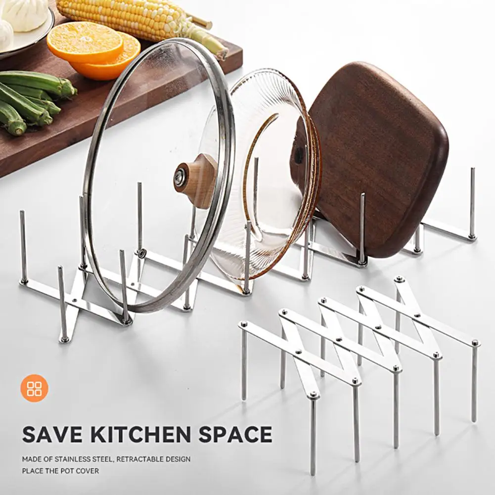 Stainless Steel Pot Lid Rack Folding Telescopic Plate Holder Shelf Dish Storage Rack Spoon Rest Kitchen Organizer Home Supplies