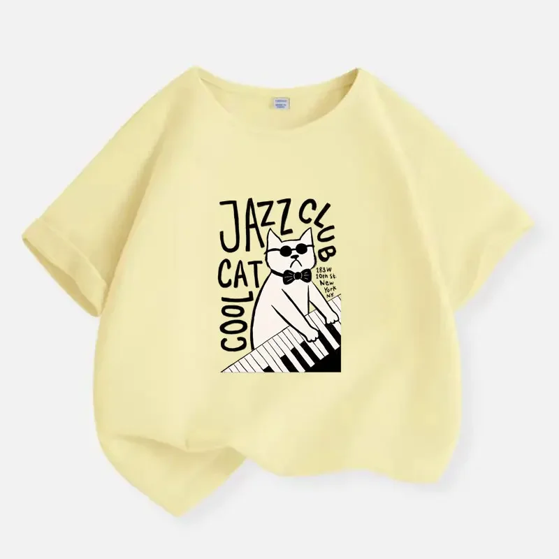 Kids Short Sleeve T Shirt Cool Jazz Club Cat Playing Piano Letter Graphic Print O-Neck Tee Trendy Music Cartoon Boys Girl Top