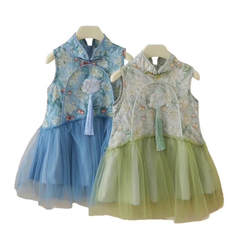 Girls' summer dress, new Hanfu style with button closures, Chinese-style tulle dress for girls, children's princess mesh dress