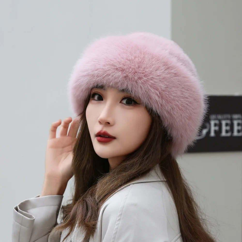 New Warm Fluffy Fur Bucket Hat Cold Thicken Plush Fisherman Hat Cover Head Cap Ear Protection Winter Hat Women