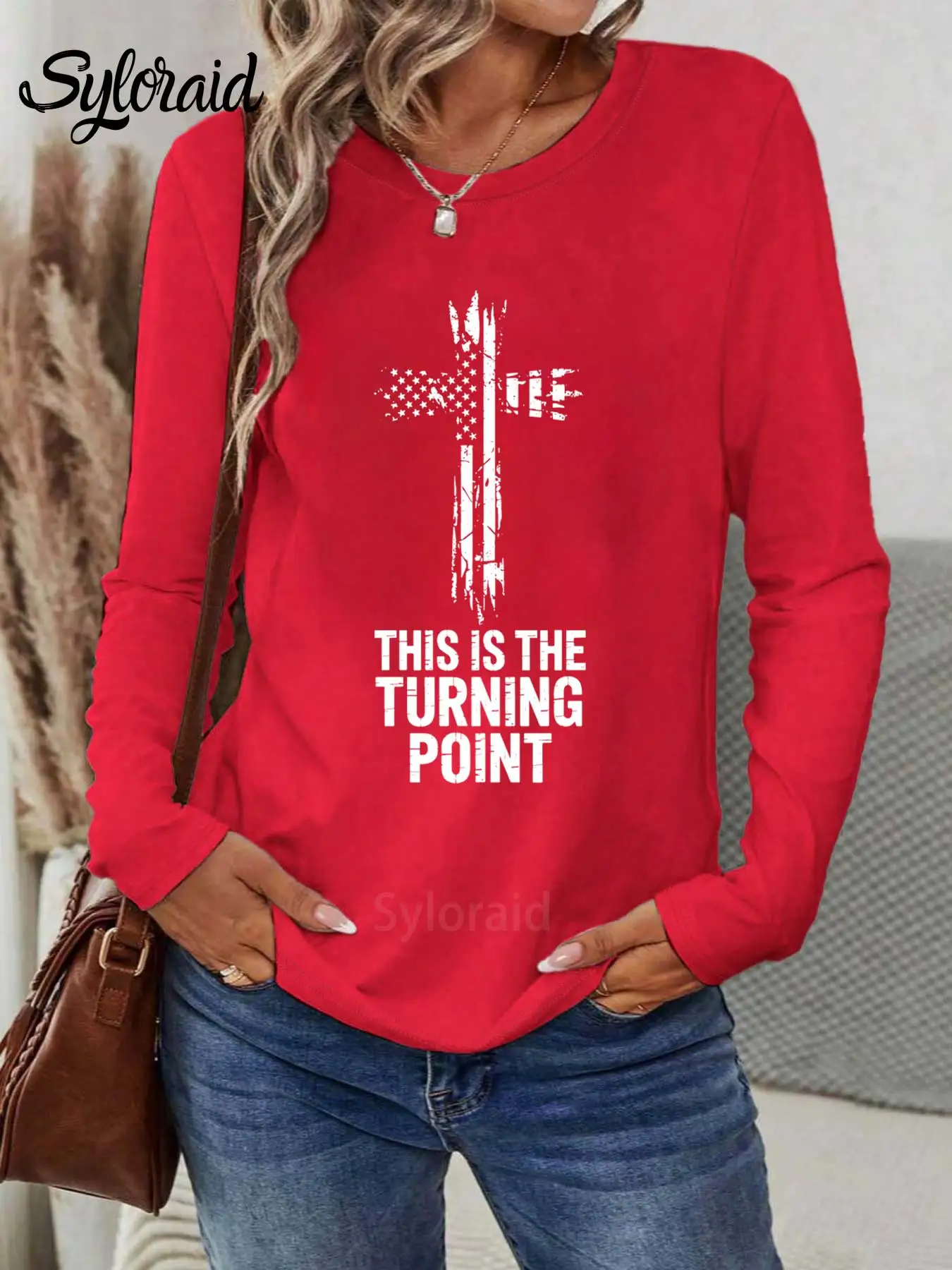 تي شيرت نسائي بأكمام طويلة، هذا هو تي شيرت مطبوع عليه نقطة الدوران، قميص كروس فيث، قميص كاجوال برقبة دائرية