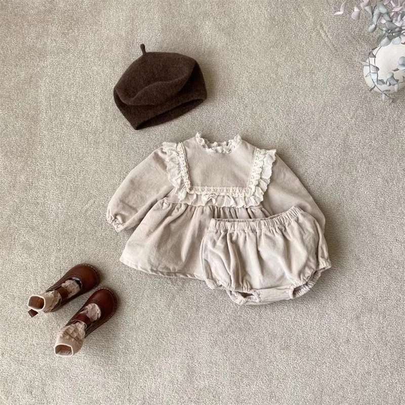 Cute Newborn Baby Girl Corduroy Clothes Set Long Sleeve Lace Collar Dress Shirt Tops+Bloomer PP Pant 2PCS Outfits Spring Suit