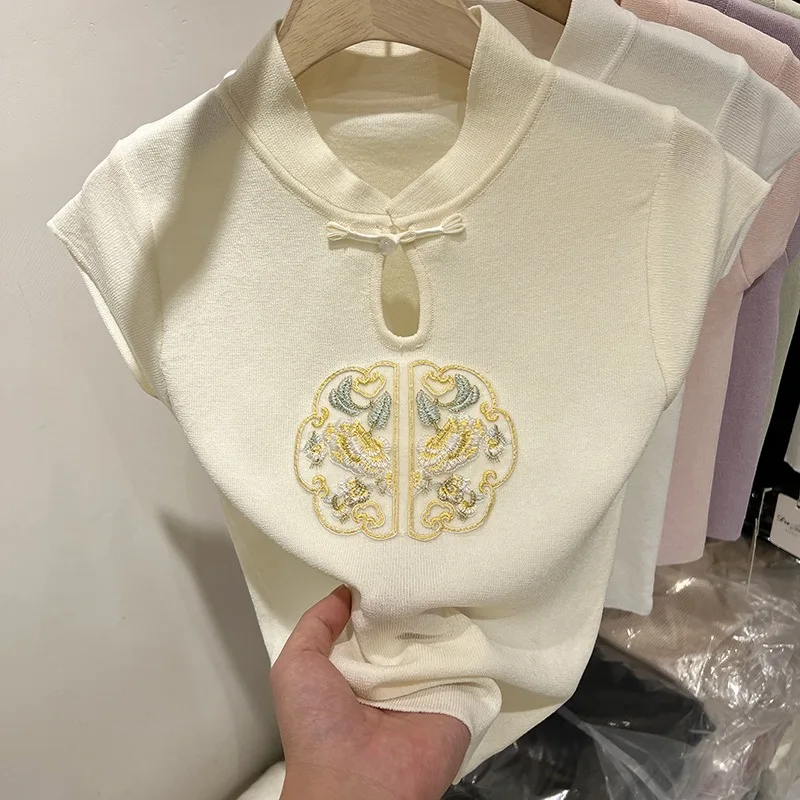 

Новый вязаный свитер с короткими рукавами и вышивкой, женские пуловеры с воротником-стойкой, вязаный свитер, пуловер, женские топы Sueters De Mujer Q2646