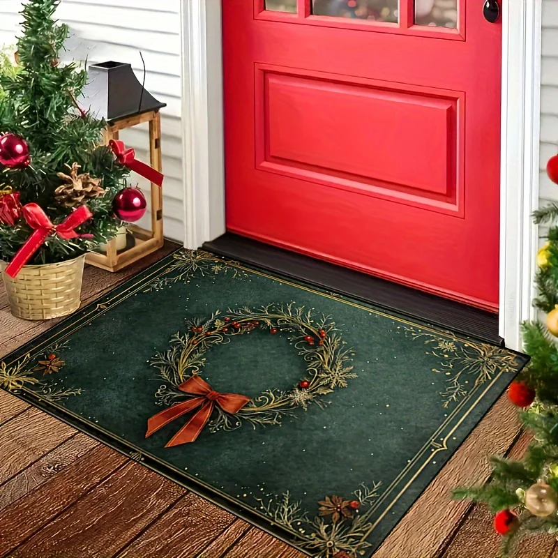 

VIKAMA Bowknot Holly Garland Printed Carpet, For Entrance Hall Door, Festive Welcome Mat, Non-Slip And Washable Home Decoration