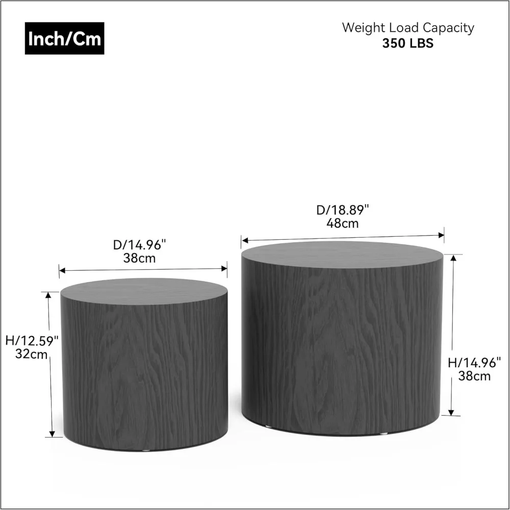 Par de mesas de centro redondas: mesas aninhadas de madeira e mesa lateral de tambor pequeno para espaços vivos e escritórios