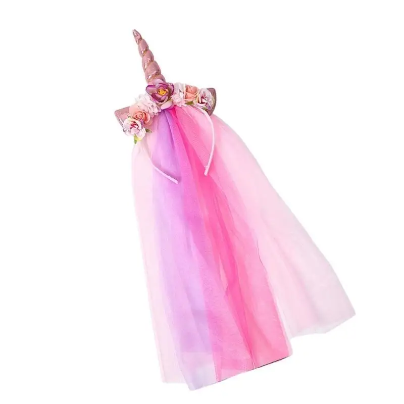 

652F Halloween Rainbow Headband Glitter Flower Stage Headwear Horn Halloween Party Props Horn Present Headband Props