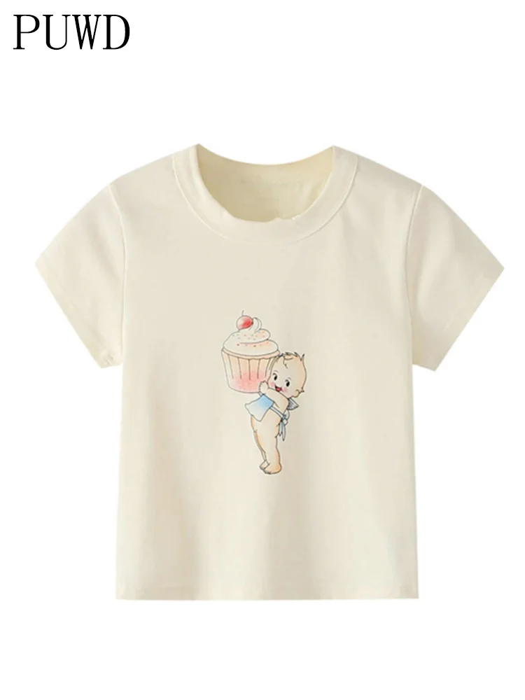 PUWD Cute Women Cartoon Print Soft Cotton Tank 2022 Summer Fashion Ladies Beige Loose Short Tops Female O-neck Chic Crop Top