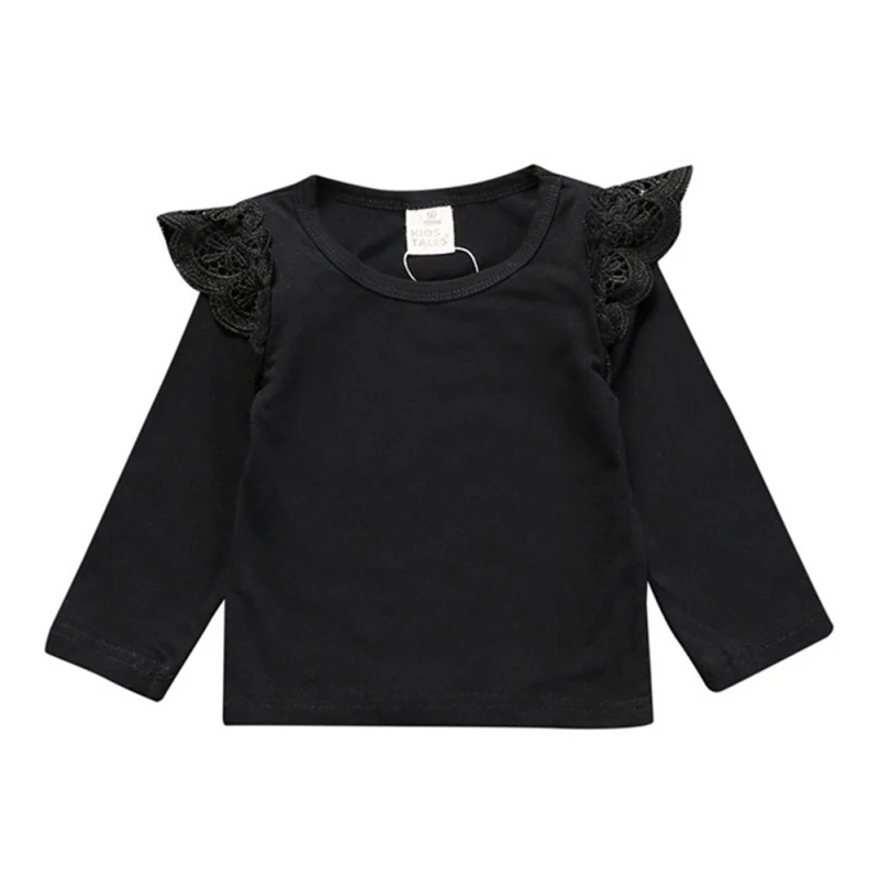 Baby Girls Basic Tee Long Sleeve T-shirt Cotton Solid Sweet Lace Ruffles Decor Princess Tops Spring Autumn Infant Toddler Blouse