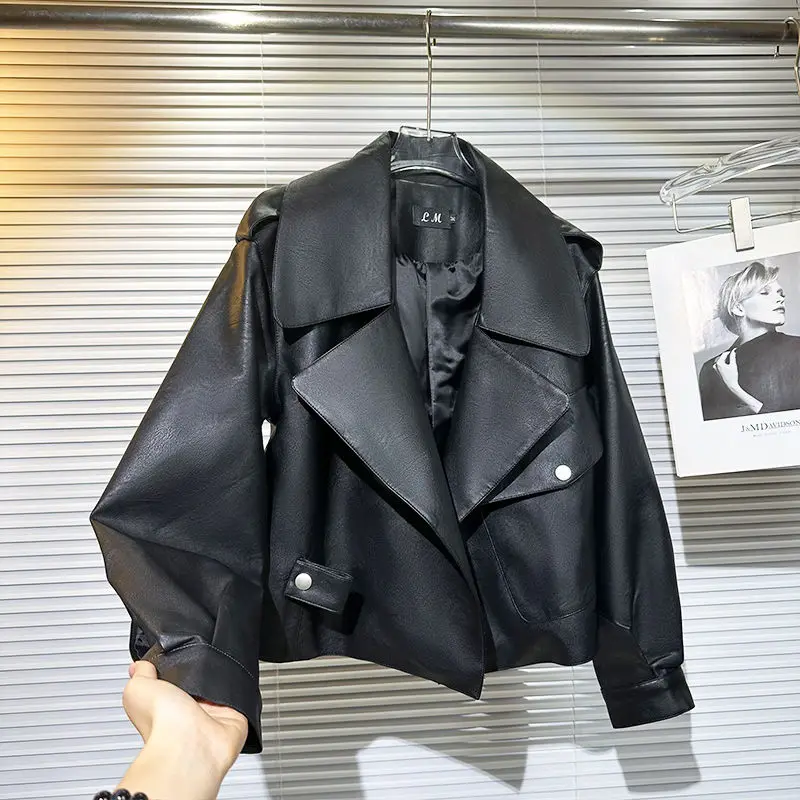 Spring New Hong Kong Style Casual Short Pu Jacket Women's Loose Leather Jacket Woman Jackets