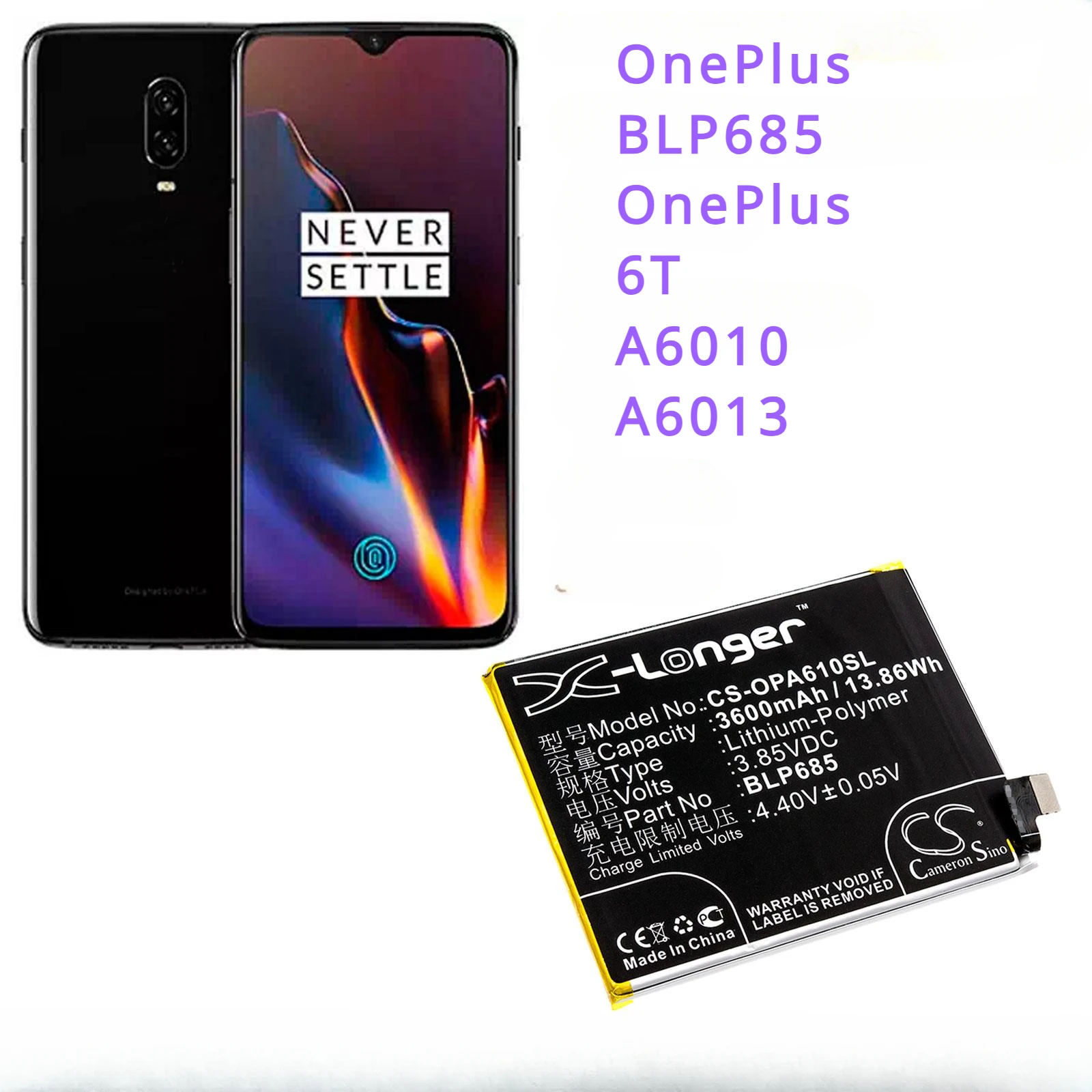 

Смартфон Cameron Sino, 3600 мАч, аккумулятор BLP685 для OnePlus 6T, A6010, A6013