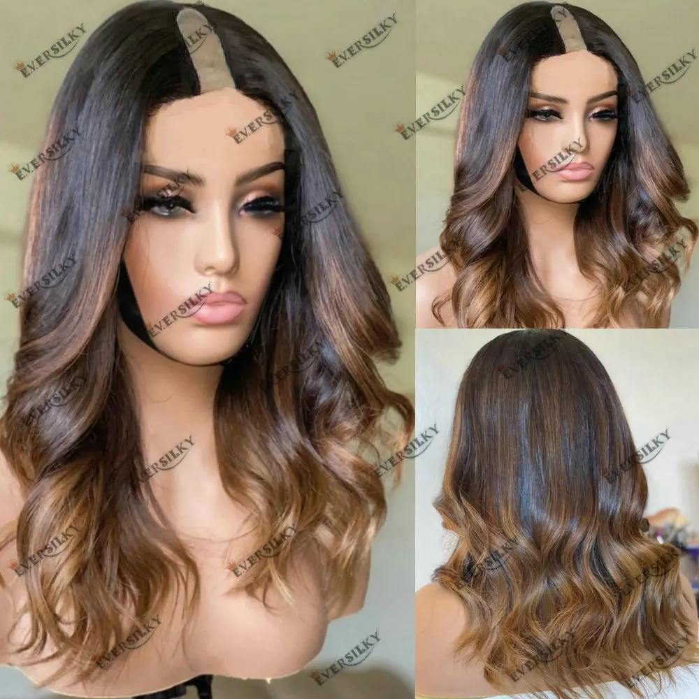 Ombre Honey Brown V Part Wig100%Human Hair Wigs Loose Wavy Glueless Adjustables1*4 Size U Shape Wig Brazilian Remy Hair Full End