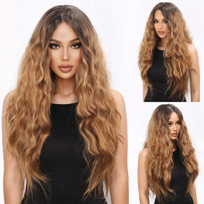 European and American style women's full with golden-brown middle-parted fashionable long curly synthetic hair wig