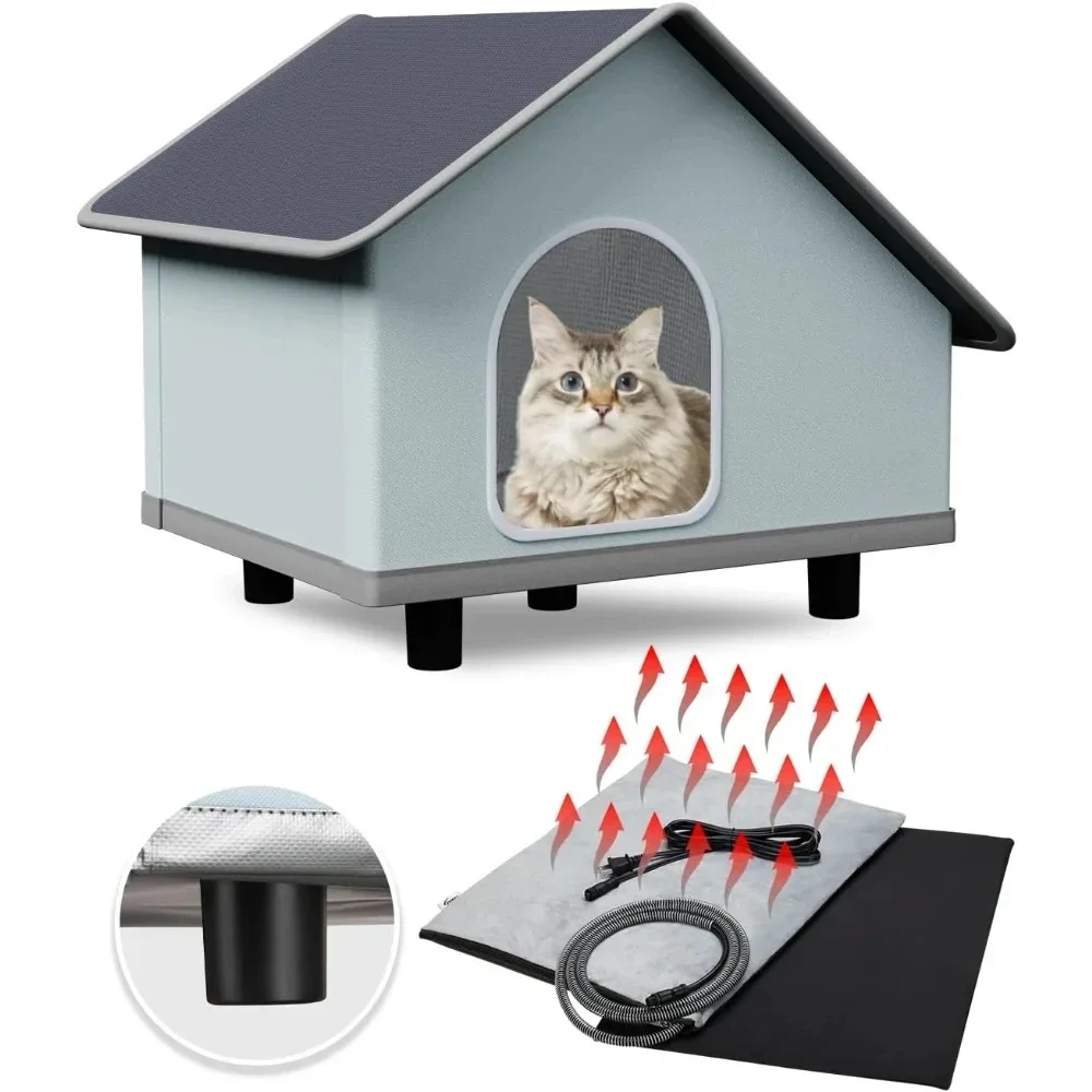 

Cat House Outdoor Large Elevated Heated 100% Waterproof with Insulated Aluminum, 2 Mat, Thermostatic Pet Heating Pad, Cat Stuff