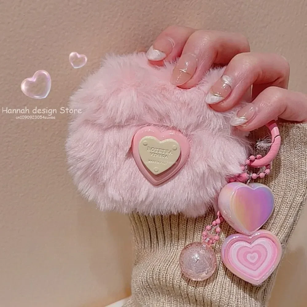 Cute Plush Pink 3D Love Heart Autumn And Winer Knitting Earphone Protective Shell Soft Case For Airpods 1 2 3 Pro 2 With Pendant