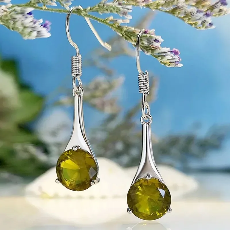 New Fashion Round Olive Green Stone Drop Earrings for Women Elegant Temperament Bride Wedding Jewelry Party Anniversary Gifts