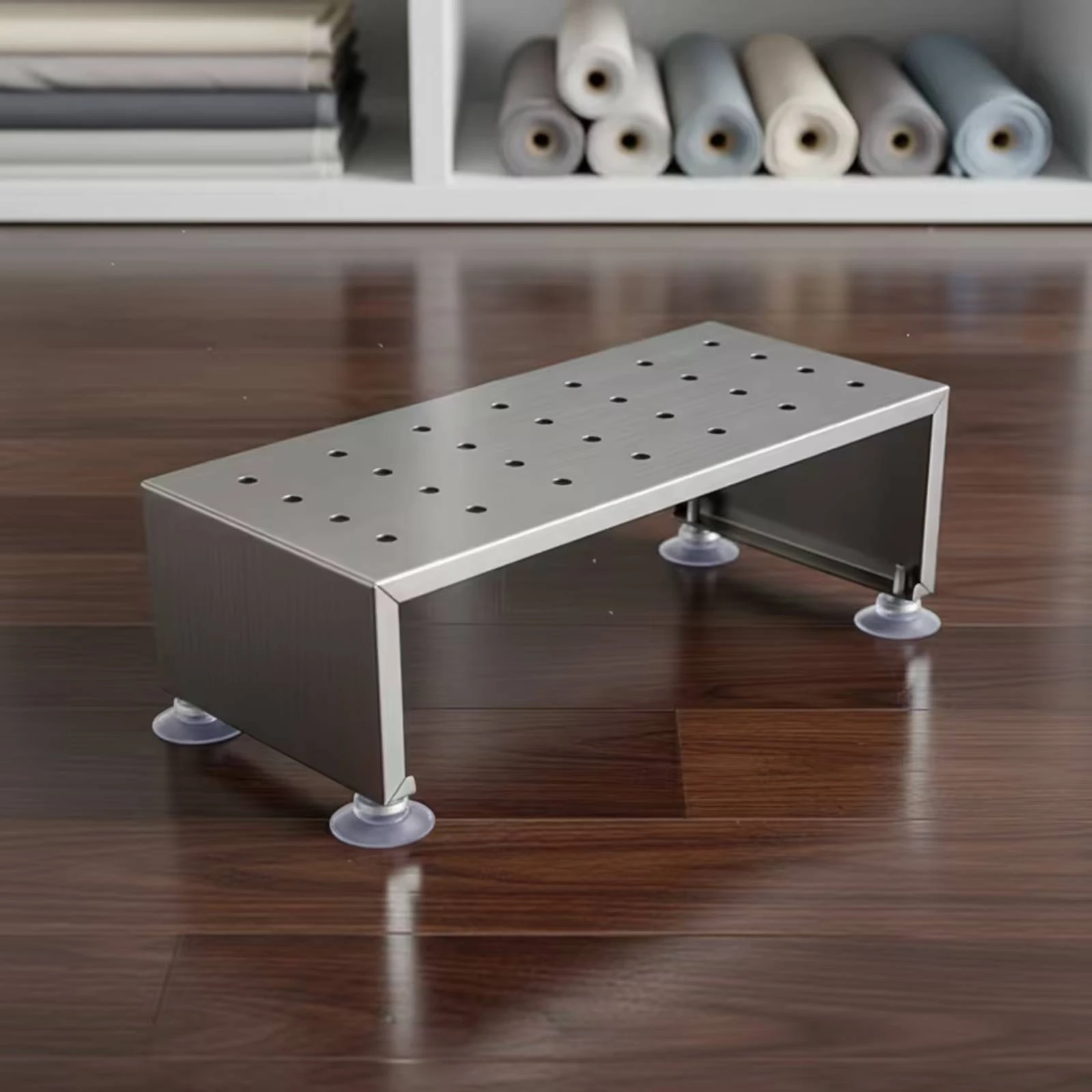 

Stainless Steel Sewing Machine Foot Pad with Suction Cup Polished Finish Perforated Machine Stand for Workspace Organization