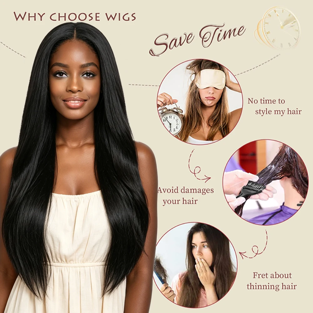 13x4 HD Lace Front Wig For Black Women Glueless Yaki Straight Wig Pre Plucked Heat Resistant Synthetic Hair Daily Party Cosplay 5