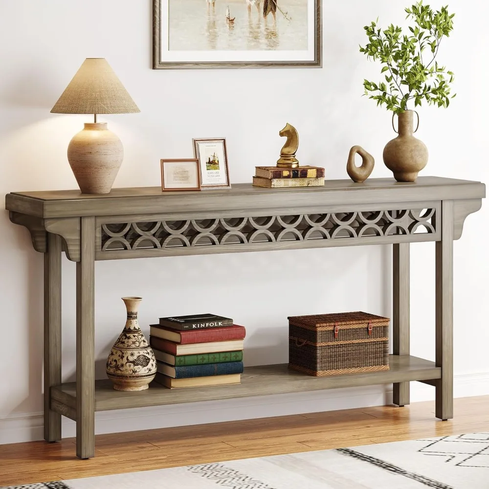 70.8-Inch Solid Wood Long Console Table, Farmhouse Entryway Table with Storage, Narrow Sofa Table Grey Couch Table