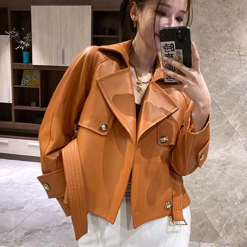 Casual Style Coat Spring And Autumn Women Double Breasted Clothes With Belt Short Length Four Color Import Real Sheepskin Soft